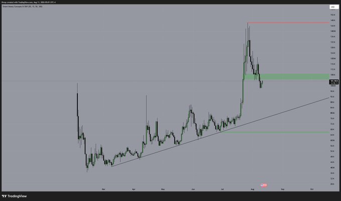 The image is a TradingView candlestick chart of the SUI/USDT (or similar) cryptocurrency pair showing a sharp August price rally followed by a pullback to an ascending trendline support zone. This relates to the post about Zama's $ZAMA token gaining mainstream reach through Revolut, contrasting mainstream crypto accessibility with a technical price chart showing volatile breakout and consolidation behavior.
