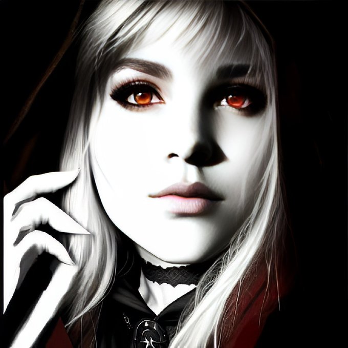 A stylized digital portrait of a pale-skinned woman with long white hair, striking red eyes, and dark makeup, wearing a gothic choker with one hand raised near her face.