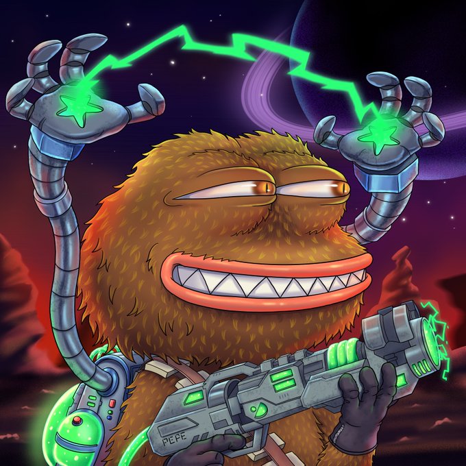 A furry, brown Pepe character with a wide toothy grin wields a futuristic laser gun and mechanical arms crackling with green electric energy, set against a cosmic backdrop with a purple planet and starry sky. The text "PEPE" is visible on the weapon, tying the artwork to the "Pepe Explorers" NFT collection mentioned in the post as a rare Star Wars-themed 1/1 piece.