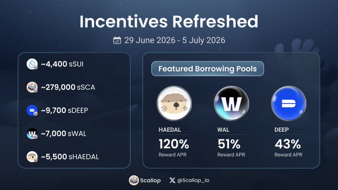 Promotional graphic titled 'Incentives Refreshed' for the period 29 June 2026 - 5 July 2026, displaying token rewards including ~4,400 sSUI, ~279,000 sSCA, ~9,700 sDEEP, ~7,000 sWAL, and ~5,500 sHAEDAL, alongside featured borrowing pools HAEDAL (120% Reward APR), WAL (51%), and DEEP (43%) from Scallop (@Scallop_io).