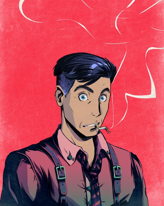 Stylized illustration of a young man with dark hair, wide blue eyes, and a cigarette in his mouth, wearing a pink shirt and suspenders against a red background.
