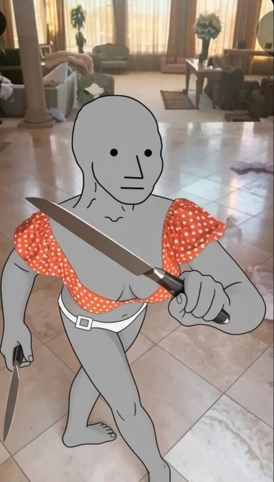A digitally drawn gray humanoid figure wearing a red polka-dot top and white underwear holds two large kitchen knives in a room with tiled floors.