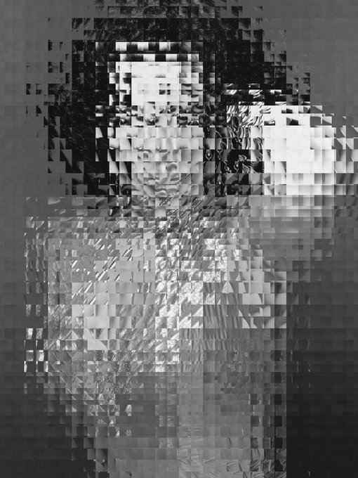 A heavily pixelated, grayscale abstract image with a mosaic-like distortion effect.