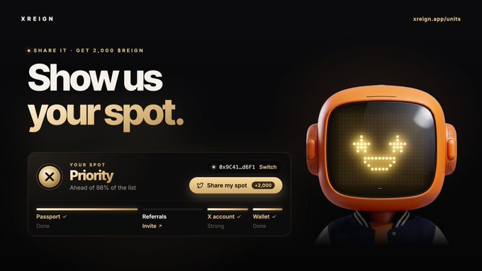 A promotional graphic for "XREIGN" featuring an orange robot character with a pixelated smiling face, displaying the headline "Show us your spot" alongside a Priority status card showing a user is "Ahead of 98% of the list" with a "Share my spot +2,000" button. The image visually reinforces the caption's call-to-action for users on the UNITS whitelist to share their spot for a 2,000 $REIGN reward before the October 16 deadline.