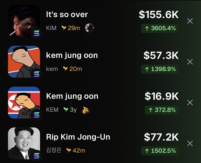The image shows a meme token tracker displaying four "Kim Jong Un" or "Kem Jung Oon" themed coins with massive surges (up 3605.4%, 1398.9%, 372.8%, and 1502.5%) following rumors of Kim Jong Un's coma, humorously illustrating how meme coins capitalize on breaking news.