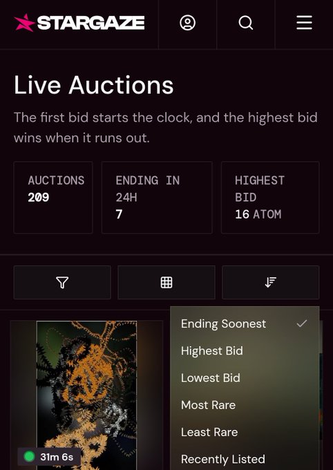 A mobile app screenshot for 'STARGAZE' showing a 'Live Auctions' page with stats 'AUCTIONS 209', 'ENDING IN 24H 7', 'HIGHEST BID 16 ATOM' and a sort menu open over an NFT listing.