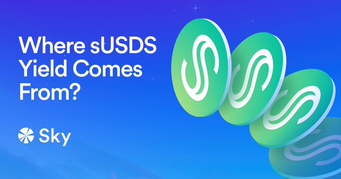 A blue gradient graphic featuring the text "Where sUSDS Yield Comes From?" alongside the Sky logo, accompanied by four cascading green sUSDS coin icons on the right, visually introducing an educational guide about the Sky Savings Rate and the protocol system that generates sUSDS yield.