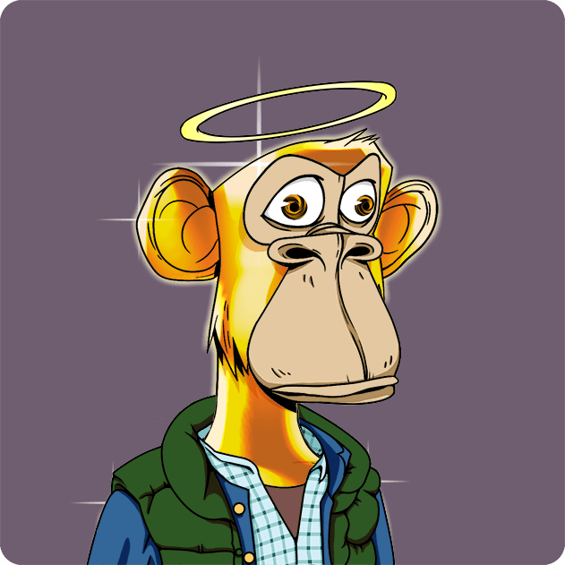 The image features a cartoon monkey wearing a green vest, blue plaid shirt, and a gold ring around its neck. The monkey appears to be wearing a hat with a halo effect, giving it an angelic appearance. The background of the image is purple, which contrasts with the yellow color of the monkey's fur. There are no texts or other objects in the image, making it a simple yet striking visual composition that highlights the unique features and attire of the cartoon character.