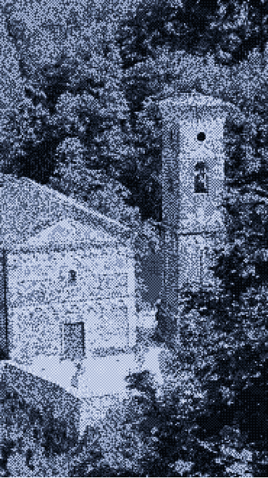 A heavily textured, blue-toned artistic rendering of a stone building with a bell tower nestled in a forested hillside.