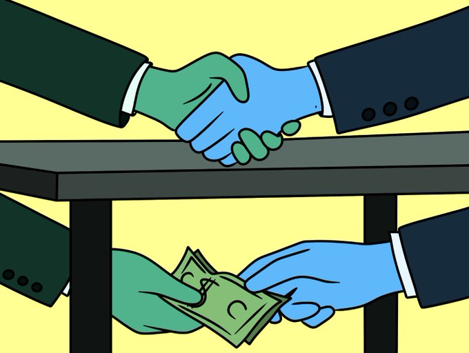 A cartoon illustration depicting a handshake above a table while a hand secretly passes cash under the table, symbolizing a corrupt deal.