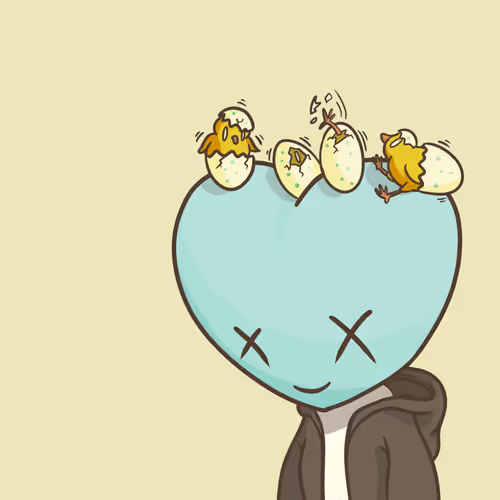 A cute cartoon illustration of a blue heart-headed character with X eyes, wearing a brown hoodie, as three small yellow chicks hatch from eggs on top of its head.