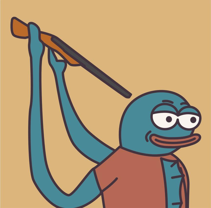 A cartoon illustration of a blue-skinned character wearing an orange tank top, holding up a wooden spear or stick with a mischievous expression against a tan background.