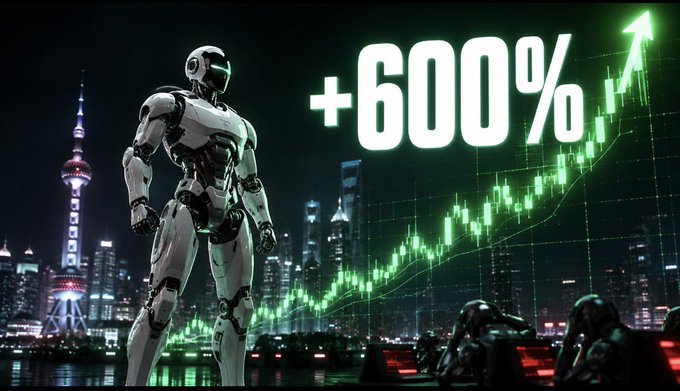 A white humanoid robot stands against a Shanghai skyline at night, with a glowing green candlestick chart rising sharply alongside a bold "+600%" graphic, visually reinforcing the post's claim about Unitree's 600% stock surge on its debut and crypto traders' underestimated upside.