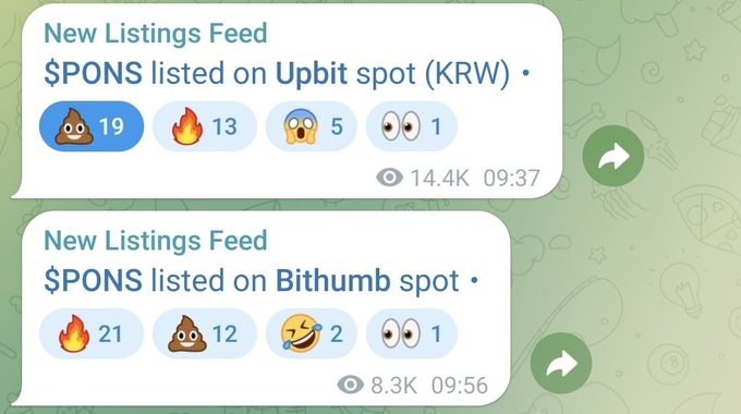 A Telegram channel notification showing 'New Listings Feed' updates about '$PONS listed on Upbit spot (KRW)' and '$PONS listed on Bithumb spot' with emoji reaction counts.