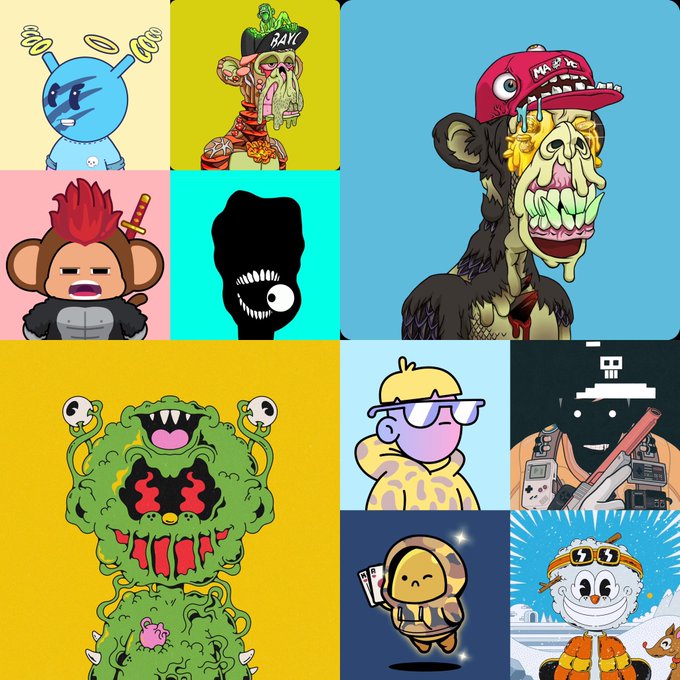 A colorful collage of cartoon NFT characters in various playful and grotesque styles, including a blue rabbit, a red-capped monkey, a pineapple creature, and a chef-clad figure.