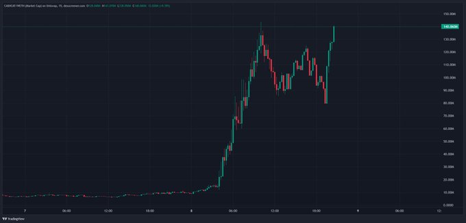 A TradingView candlestick chart shows the "$CASHCAT/MIM" pair on Shibarium experiencing a dramatic breakout, with the price surging from near-zero levels to approximately $128.09 (a 1.31% gain) within just hours, illustrating the explosive 1000x move referenced in the post.