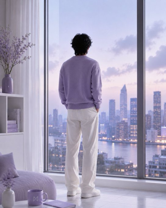 A person in a purple sweater and white pants standing by a large window overlooking a modern city skyline at dusk, with purple decor accents including flowers and a mug.