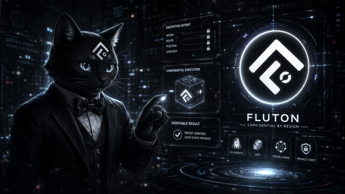 A digital illustration of an anthropomorphic cat in a black tuxedo stands before a futuristic holographic interface displaying the 'FLUTON' logo and text such as 'ENCRYPTED INTENT,' 'CONFIDENTIAL EXECUTION,' and 'CONFIDENTIAL BY DESIGN.'