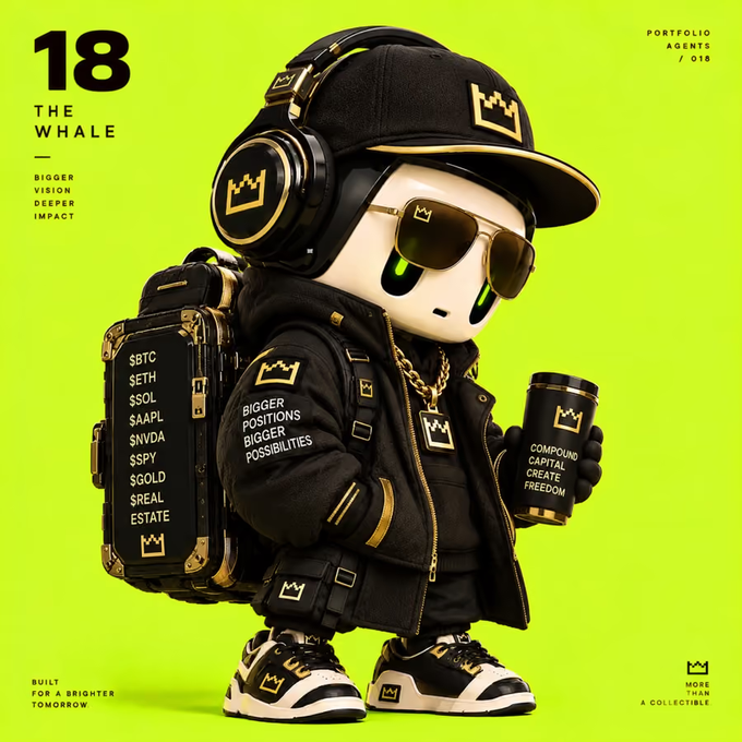 A promotional poster for '18 THE WHALE' featuring a stylized character in black and gold streetwear with a crown logo, headphones, sunglasses, and a backpack listing cryptocurrencies (BTC, ETH, SOL, AAPL, NVDA, SPY, GOLD, REAL ESTATE), set against a neon green background.