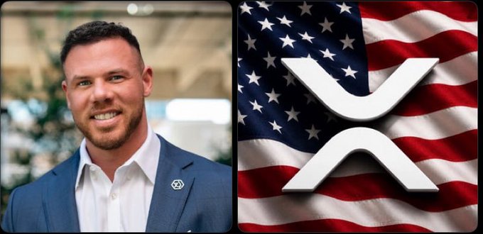 A split image shows a smiling man in a navy blazer on the left and the white XRP cryptocurrency logo superimposed over a waving American flag on the right.