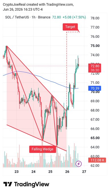 A 1-hour TradingView chart of SOL/USDT on Binance shows Solana's price at 72.80 (+7.50%), with a "Falling Wedge" pattern identified in red and a "Target" arrow pointing to a price projection near $76.49, supporting the post's bullish setup outlook.