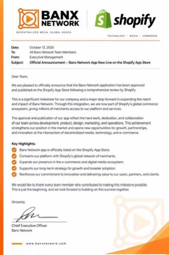 An official announcement letter dated October 12, 2026, from Banx Network CEO stating the 'Banx Network App Now Live on the Shopify App Store.'