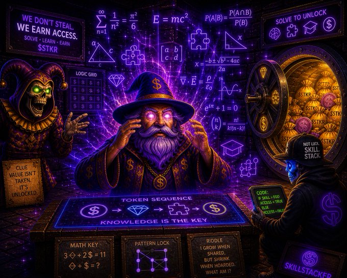 A neon-themed fantasy illustration featuring a wizard with glowing eyes, a skull jester, a vault of $TKR coins, and text like "KNOWLEDGE IS THE KEY", "SKILLSTACKER", and "SOLVE TO UNLOCK".