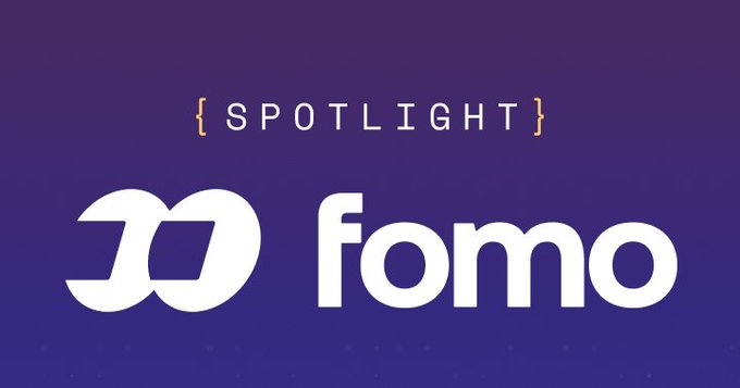 A purple gradient graphic displays the text '{SPOTLIGHT}' above the white logo and wordmark 'fomo'.