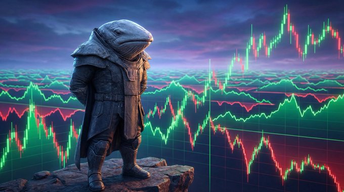 A statue of a figure with a fish-like head wearing dark armor stands on a rocky outcrop against a backdrop of vibrant green and red stock market candlestick charts. The image symbolizes the speculative financial markets surrounding emerging technologies like DePIN and Helium, with the armored figure representing the rugged, uncertain terrain investors must navigate.
