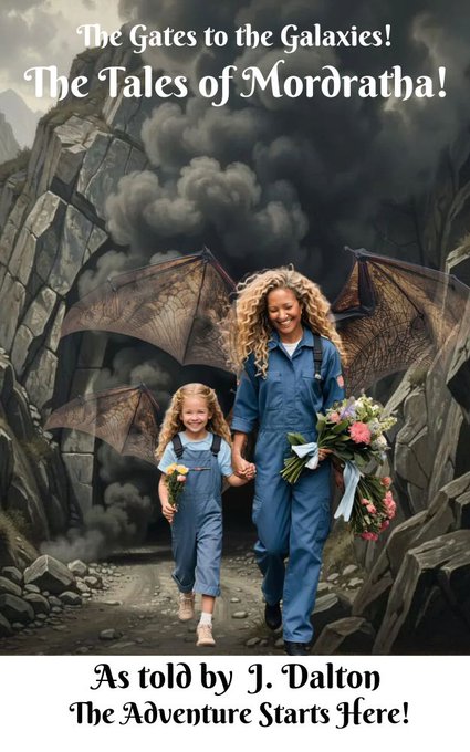 The cover depicts a smiling woman and child in blue jumpsuits walking hand‑in‑hand from a smoky, rocky cavern with winged structures, each holding a bouquet. The title “The Gates to the Galaxies! The Tales of Mordratha!” and “As told by J. Dalton” links the scene to the post’s description of characters proceeding single‑file to an air lock.