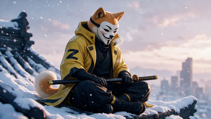 A digital illustration of a kitsune character wearing a fox mask and yellow jacket marked with '2', sitting in a snowy setting while holding a katana.