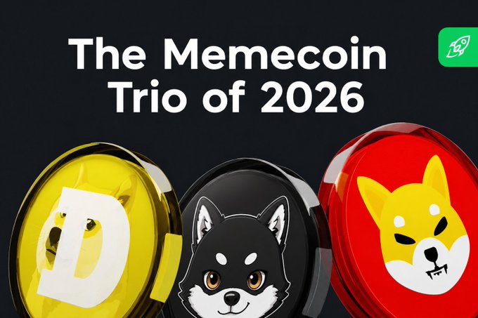 The image shows three stylized 3D coins—Dogecoin's "D" logo, a Shiba Inu dog, and a Shiba Inu skull—beneath the headline "The Memecoin Trio of 2026," visually representing the trio of $DOGE, $SHIB, and $MAME highlighted in the post.