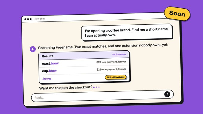 A mockup of an AI chat interface on a purple background showing a user asking for a coffee brand name, with results including roast.brew, cup.brew, and .brew ($29, TLD still available), marked with a yellow 'Soon' badge.