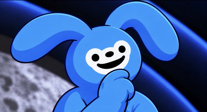 An animated blue cartoon bunny character with long floppy ears and a smiling white face, posed with its hand on its chin against a blue swirling background.