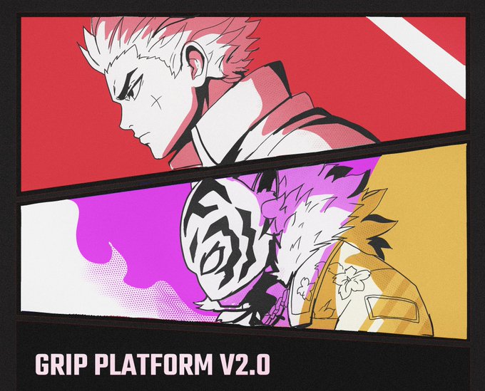 A stylized two-panel image featuring an anime character with white hair and an X-shaped scar on his face, with text reading 'GRIP PLATFORM V2.0' at the bottom.