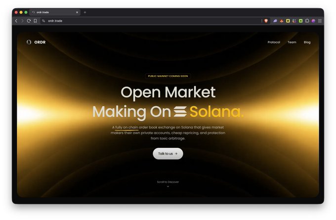 A website screenshot for 'ORDR Trade' displays 'Open Market Making On Solana,' describing a fully on-chain order book exchange with a 'Talk to us' button.