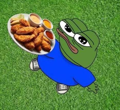 A Pepe the Frog meme character in a blue shirt walking on grass while carrying a platter of fried chicken tenders with dipping sauces.