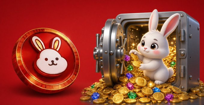 A 3D illustration features a cartoon bunny standing inside an open vault filled with gold coins and colorful gems, next to a red token displaying a bunny face logo.