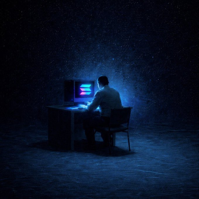 A solitary figure sits at a desk illuminated by the glow of a CRT monitor displaying a blue logo, surrounded by a vast, starry darkness. The imagery evokes a sense of solitary innovation under the night sky, complementing the post's message about an upcoming Solana project ("GN Solana, We are cooking tomorrow").