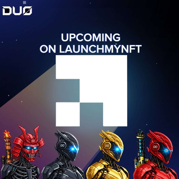 A promotional graphic featuring four samurai-cyborg characters in red, black, gold, and red armor with glowing blue eyes, alongside the "DUO" logo and text announcing "UPCOMING ON LAUNCHMYNFT," directly supporting the giveaway announcement of whitelist spots and free NFTs for the DUO project.