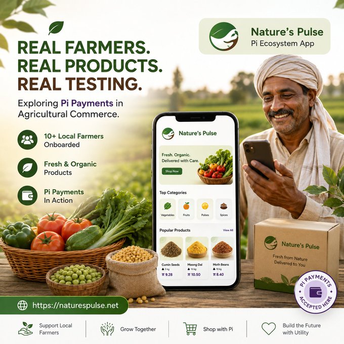 A marketing graphic for 'Nature's Pulse' Pi Ecosystem App promoting Pi Payments in agricultural commerce, featuring a smiling farmer using a smartphone alongside fresh produce and a product listing interface.