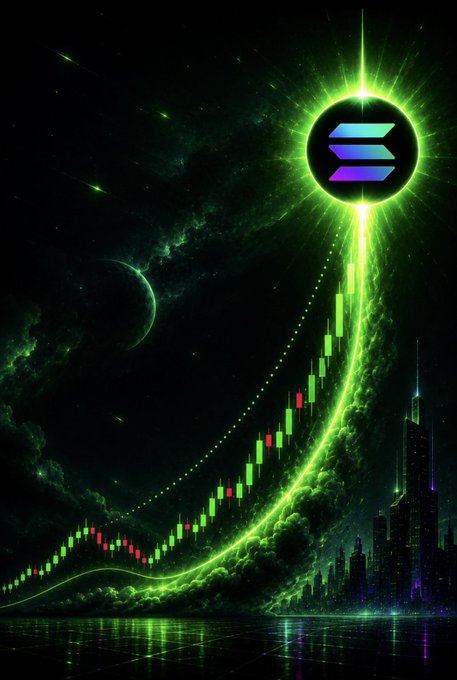 A glowing Solana ($SOL) logo beams light from a cosmic sky onto a surging green candlestick chart rising over a futuristic cityscape, symbolizing the massive bull run referenced in the post about finding wealth-making opportunities on the Solana network.