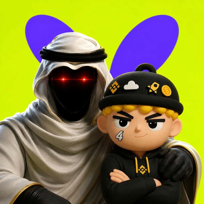 The image shows a mysterious hooded figure with glowing red eyes standing next to a cartoon character wearing a black cap with crypto-themed pins (including a rocket and coins), a hoodie, and a "4" on his cheek, with arms crossed and a determined smirk. The two figures appear as stylized mascots against a bright green background with purple wings, evoking the edgy, "crime szn" energy of promoting the $PALU meme coin.