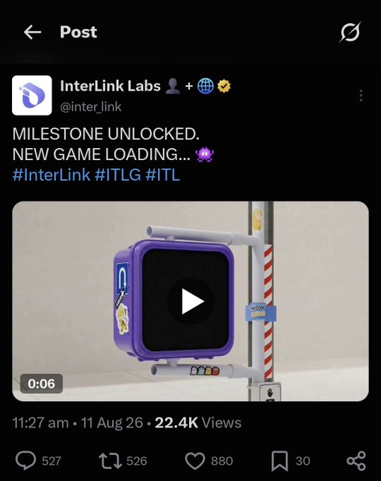 A social media post from InterLink Labs (@inter_link) with verified and partnership badges, announcing "MILESTONE UNLOCKED. NEW GAME LOADING..." along with hashtags #InterLink #ITLG #ITL and featuring a purple block-shaped game character.