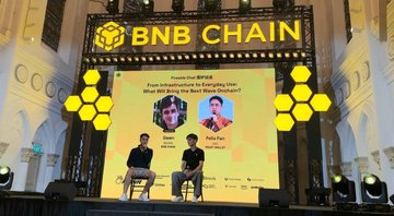 The image shows a BNB Chain event where Daniel (from a crypto/web3 project) and Andy Tay, CMO of Marlin, sit on stage in front of a screen displaying "Creating the WEB3/AI Future: From Infrastructure to Enterprise Use. What We Know For Sure About Tomorrow?" with a "thanks for having us @BNBCHAIN" caption referencing the networking appearance at the BNB Chain-hosted conference.