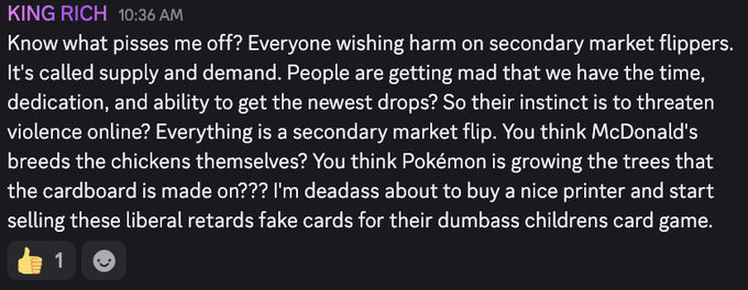Discord message from 'KING RICH' posted at 10:36 AM, ranting about secondary market flippers and defending reselling as supply and demand.