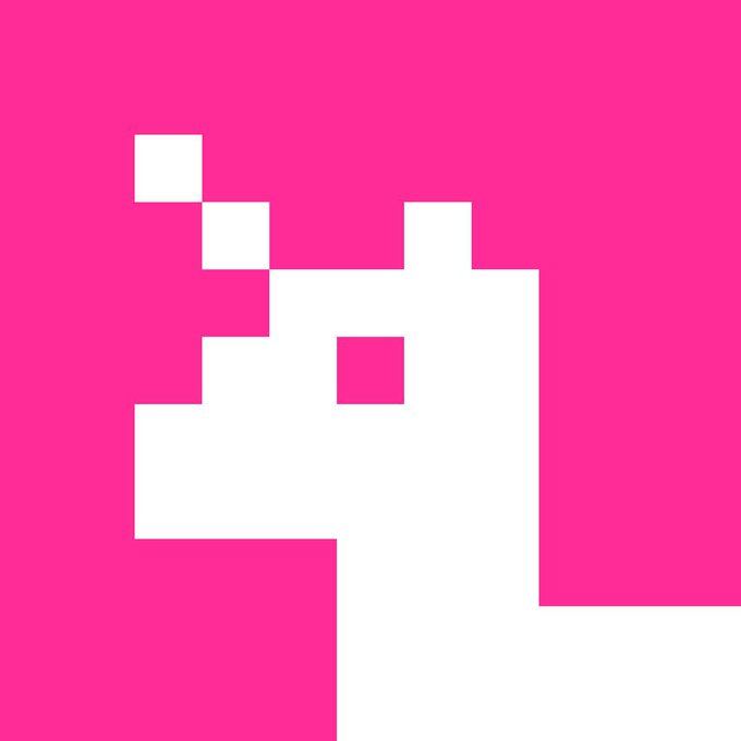 A pixelated white unicorn head logo on a bright pink background.