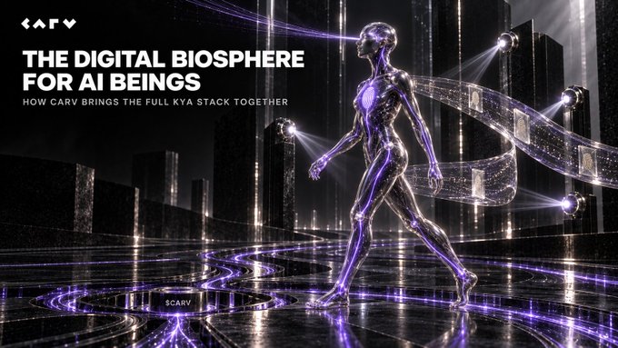 A futuristic humanoid figure composed of glowing purple circuitry strides through a digital cityscape, symbolizing the rise of AI beings. The image features the CARV logo and headline text "THE DIGITAL BIOSPHERE FOR AI BEINGS — HOW CARV BRINGS THE FULL KYA STACK TOGETHER," visually reinforcing the post's message about CARV unifying identity, perception, execution, and economic layers for AI.