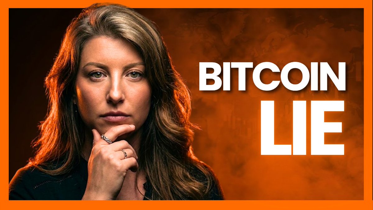 A YouTube-style thumbnail shows a woman in a thoughtful pose next to large white text reading 'BITCOIN LIE' against an orange background.