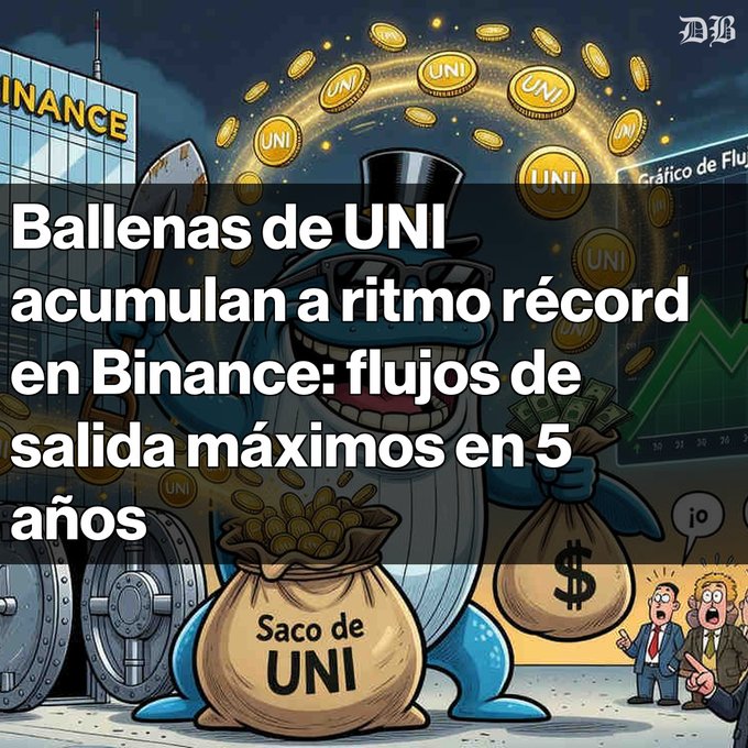 A cartoon illustration of a whale in a top hat holding bags of money, overlaid with Spanish text reading: "Ballenas de UNI acumulan a ritmo récord en Binance: flujos de salida máximos en 5 años".